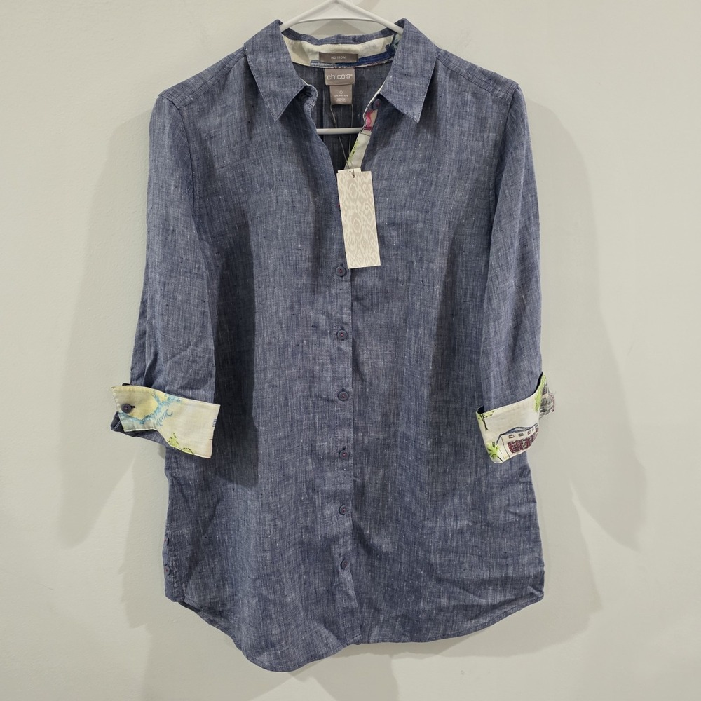 Chicos Womens Linen Button Up Top Size 4 Blue Floral Trim‎ No Iron Coastal 3/4